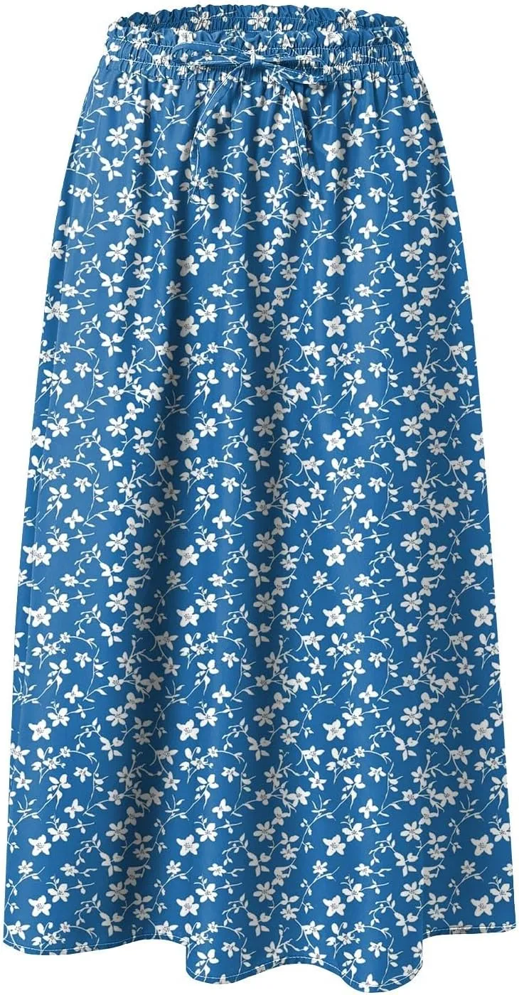 Women's Summer Boho Flowy Midi Skirt Casual Elastic High Waist Tiered Long Skirts with Pockets