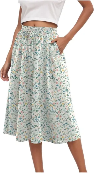Women's Summer Boho Flowy Midi Skirt Casual Elastic High Waist Tiered Long Skirts with Pockets