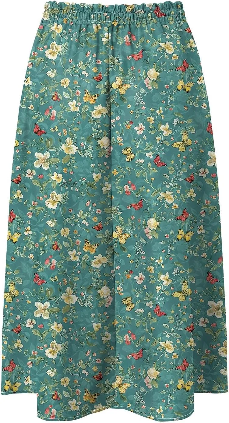 Women's Summer Boho Flowy Midi Skirt Casual Elastic High Waist Tiered Long Skirts with Pockets