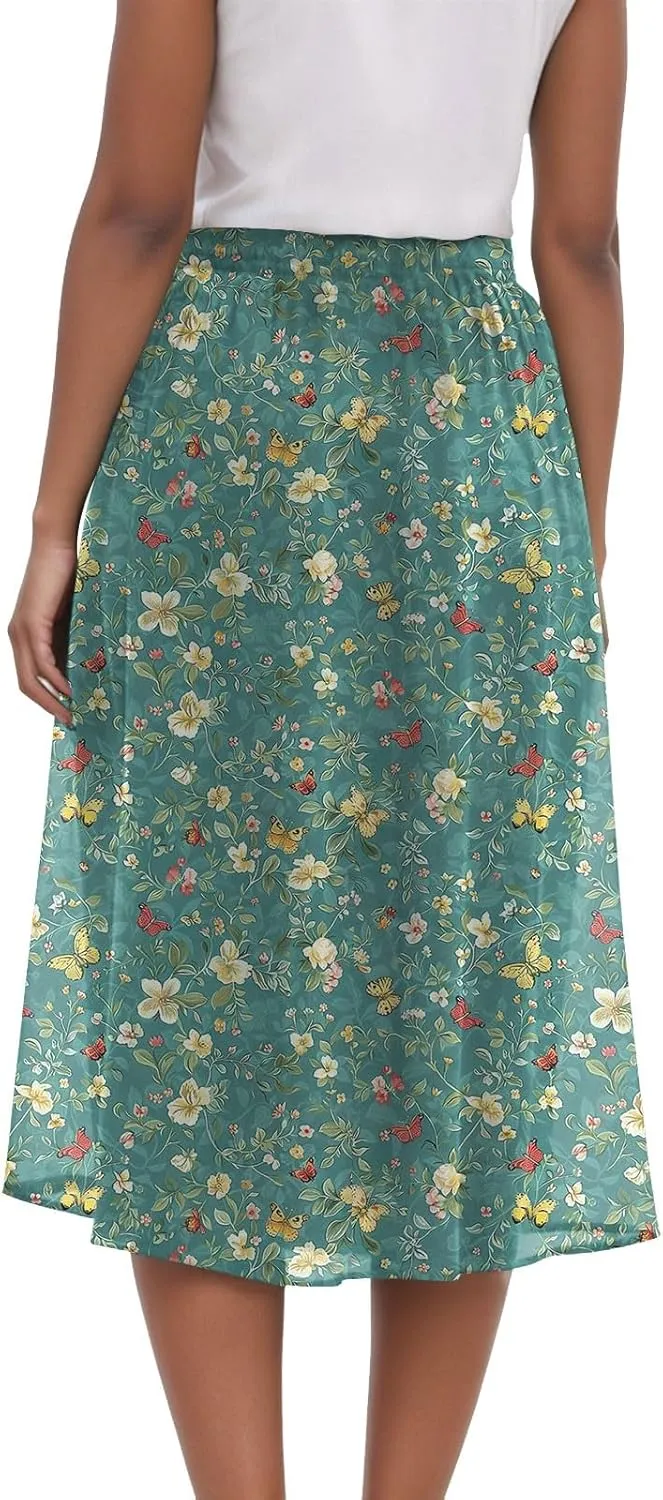 Women's Summer Boho Flowy Midi Skirt Casual Elastic High Waist Tiered Long Skirts with Pockets