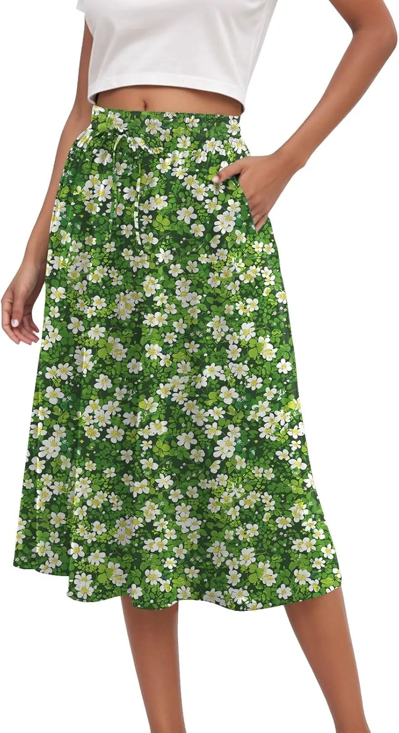 Women's Summer Boho Flowy Midi Skirt Casual Elastic High Waist Tiered Long Skirts with Pockets