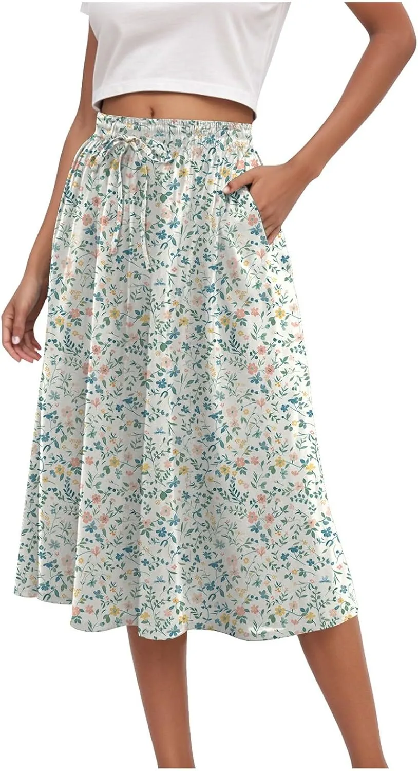 Women's Summer Boho Flowy Midi Skirt Casual Elastic High Waist Tiered Long Skirts with Pockets