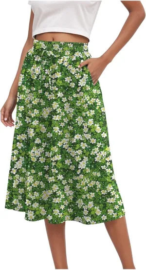 Women's Summer Boho Flowy Midi Skirt Casual Elastic High Waist Tiered Long Skirts with Pockets