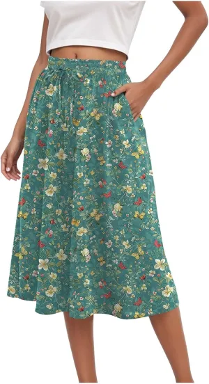 Women's Summer Boho Flowy Midi Skirt Casual Elastic High Waist Tiered Long Skirts with Pockets