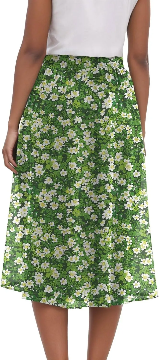 Women's Summer Boho Flowy Midi Skirt Casual Elastic High Waist Tiered Long Skirts with Pockets