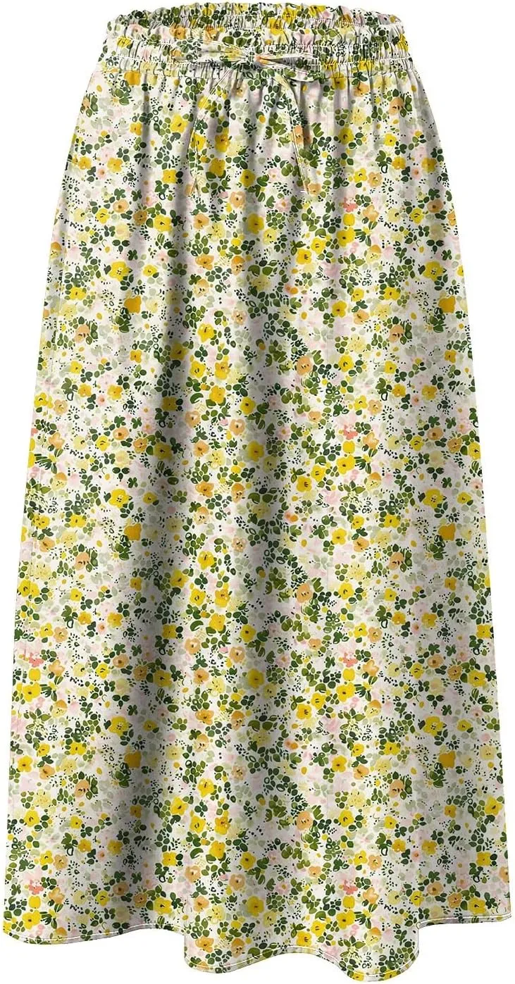 Women's Summer Boho Flowy Midi Skirt Casual Elastic High Waist Tiered Long Skirts with Pockets