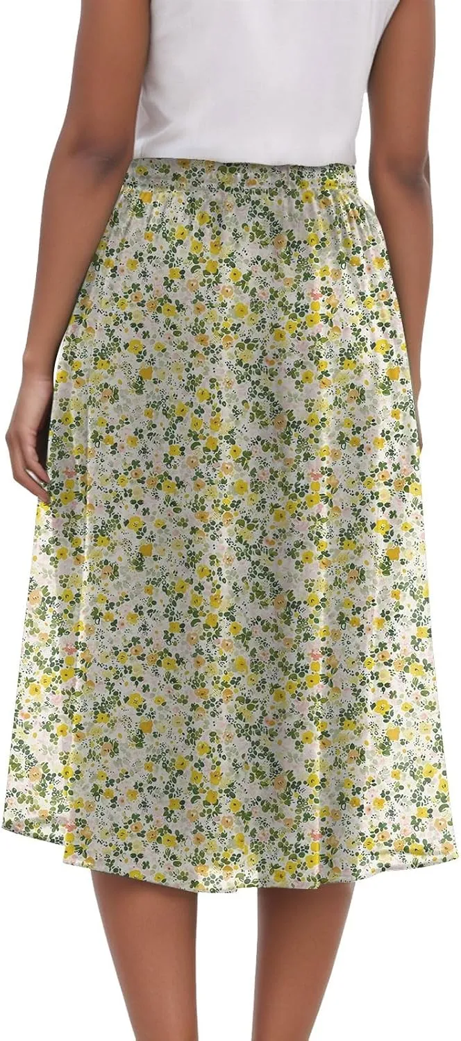 Women's Summer Boho Flowy Midi Skirt Casual Elastic High Waist Tiered Long Skirts with Pockets