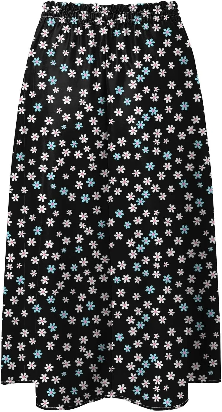 Women's Summer Boho Flowy Midi Skirt Casual Elastic High Waist Tiered Long Skirts with Pockets