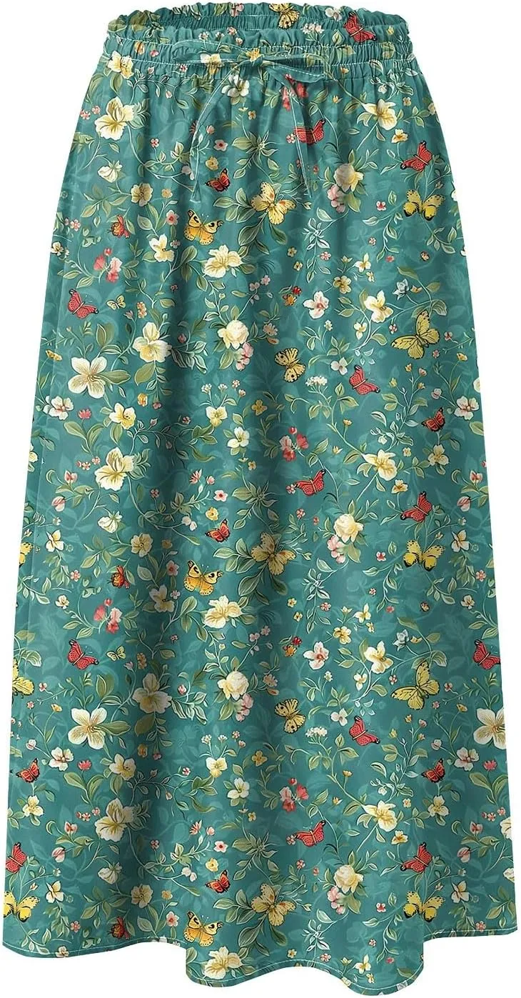 Women's Summer Boho Flowy Midi Skirt Casual Elastic High Waist Tiered Long Skirts with Pockets