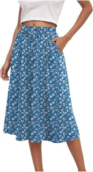 Women's Summer Boho Flowy Midi Skirt Casual Elastic High Waist Tiered Long Skirts with Pockets