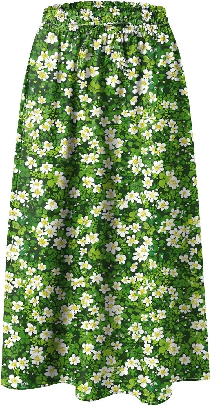 Women's Summer Boho Flowy Midi Skirt Casual Elastic High Waist Tiered Long Skirts with Pockets