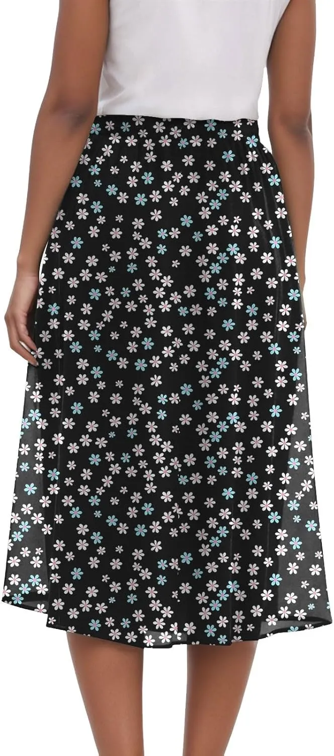 Women's Summer Boho Flowy Midi Skirt Casual Elastic High Waist Tiered Long Skirts with Pockets