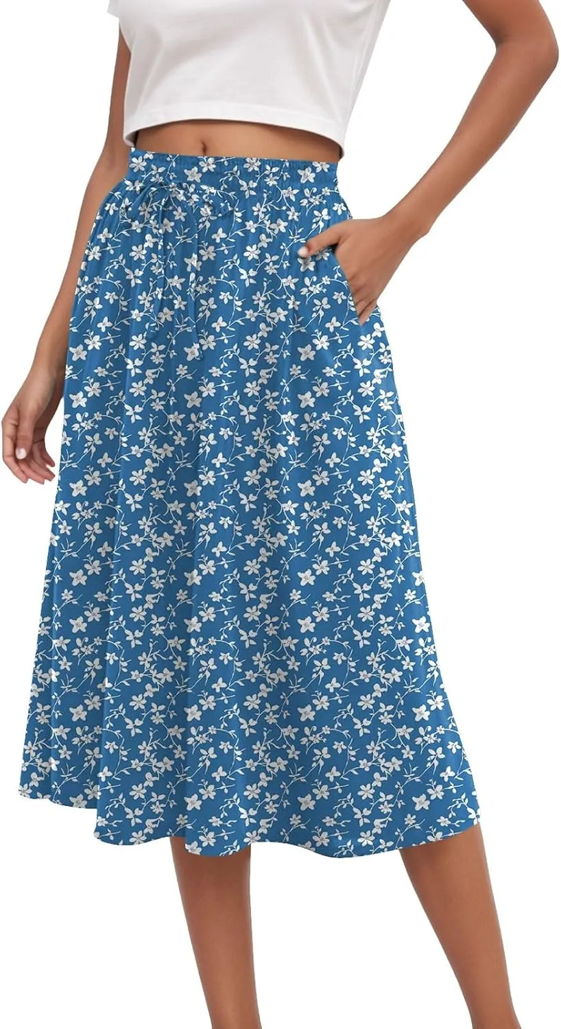 Women's Summer Boho Flowy Midi Skirt Casual Elastic High Waist Tiered Long Skirts with Pockets