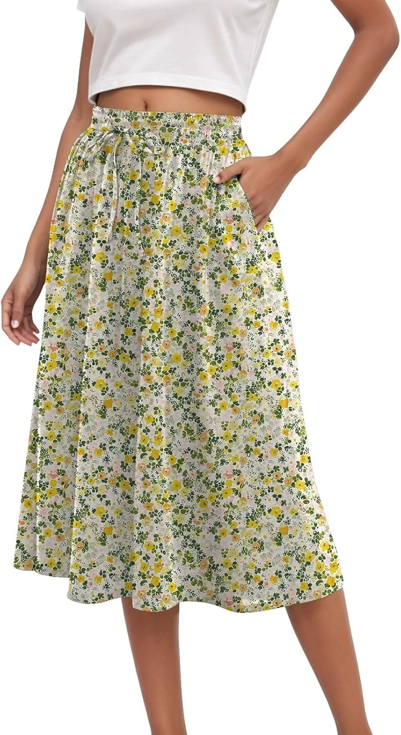 Women's Summer Boho Flowy Midi Skirt Casual Elastic High Waist Tiered Long Skirts with Pockets
