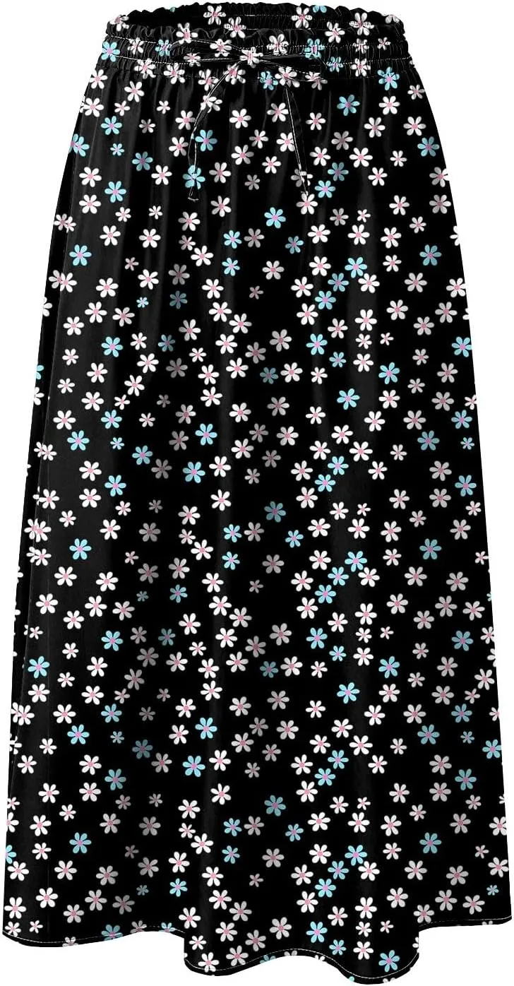 Women's Summer Boho Flowy Midi Skirt Casual Elastic High Waist Tiered Long Skirts with Pockets