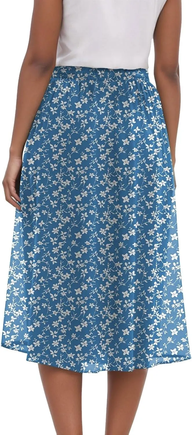 Women's Summer Boho Flowy Midi Skirt Casual Elastic High Waist Tiered Long Skirts with Pockets