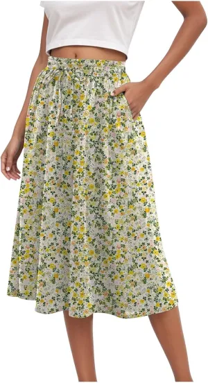Women's Summer Boho Flowy Midi Skirt Casual Elastic High Waist Tiered Long Skirts with Pockets