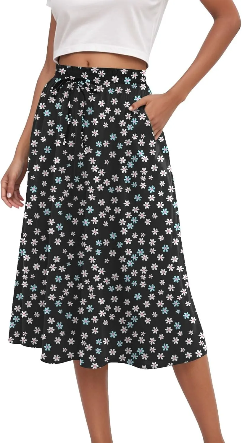 Women's Summer Boho Flowy Midi Skirt Casual Elastic High Waist Tiered Long Skirts with Pockets