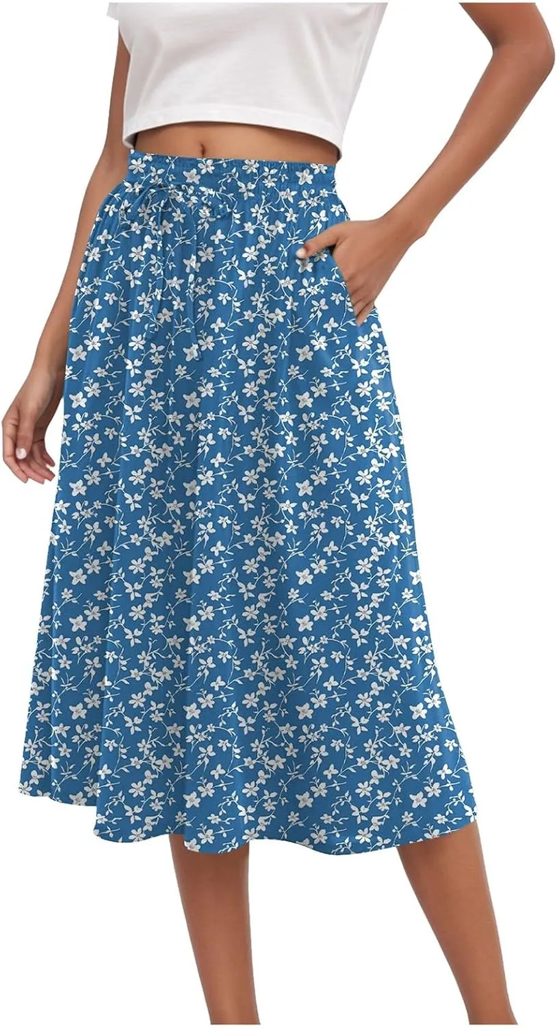Women's Summer Boho Flowy Midi Skirt Casual Elastic High Waist Tiered Long Skirts with Pockets