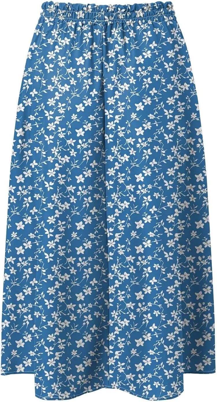 Women's Summer Boho Flowy Midi Skirt Casual Elastic High Waist Tiered Long Skirts with Pockets