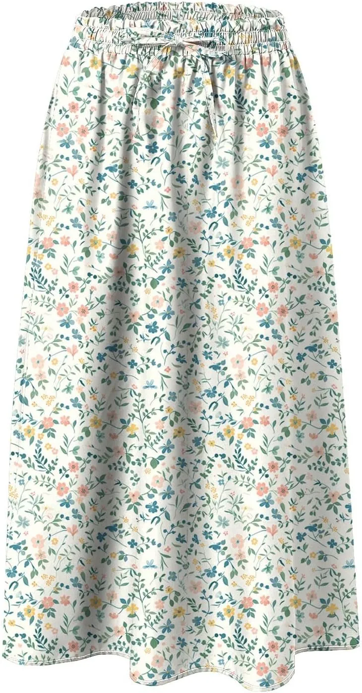 Women's Summer Boho Flowy Midi Skirt Casual Elastic High Waist Tiered Long Skirts with Pockets