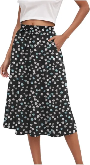 Women's Summer Boho Flowy Midi Skirt Casual Elastic High Waist Tiered Long Skirts with Pockets