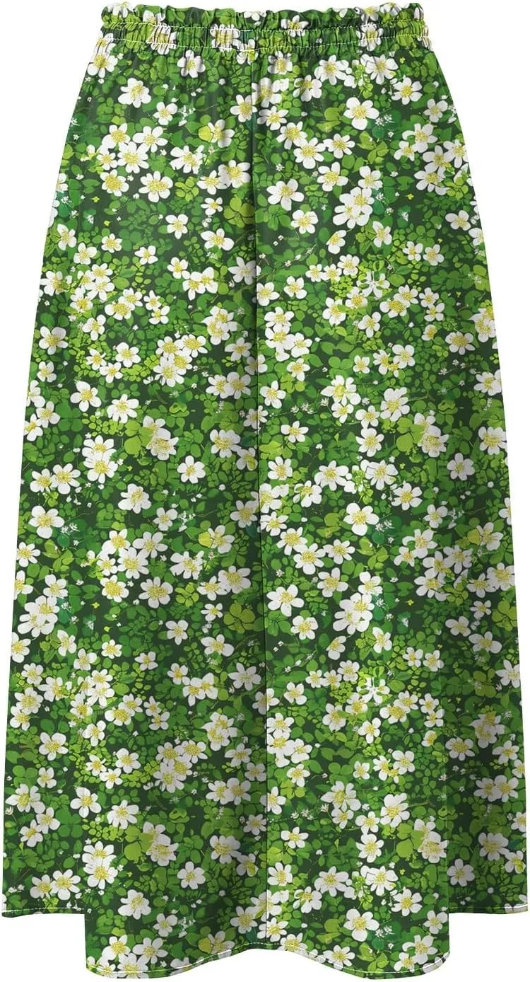 Women's Summer Boho Flowy Midi Skirt Casual Elastic High Waist Tiered Long Skirts with Pockets