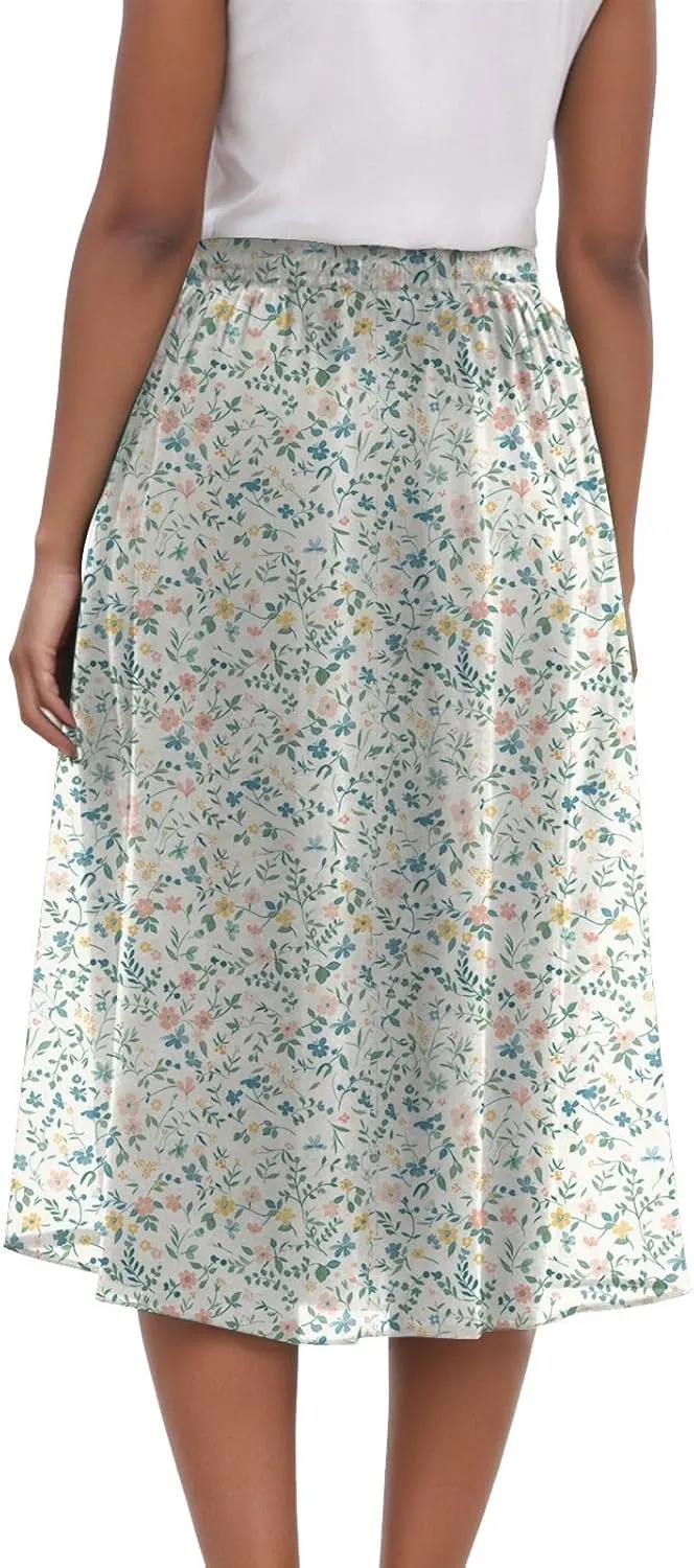 Women's Summer Boho Flowy Midi Skirt Casual Elastic High Waist Tiered Long Skirts with Pockets