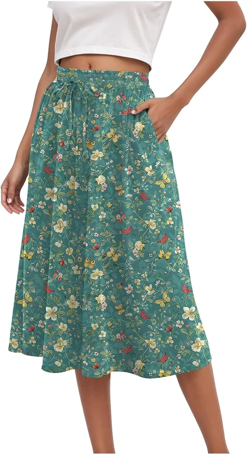 Women's Summer Boho Flowy Midi Skirt Casual Elastic High Waist Tiered Long Skirts with Pockets