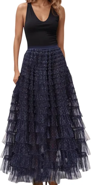 Women's Summer Boho Maxi Skirts Smocked High Wasited Flowy Dress Tiered Ruffle A Line Long Beach Long Skirt Summer