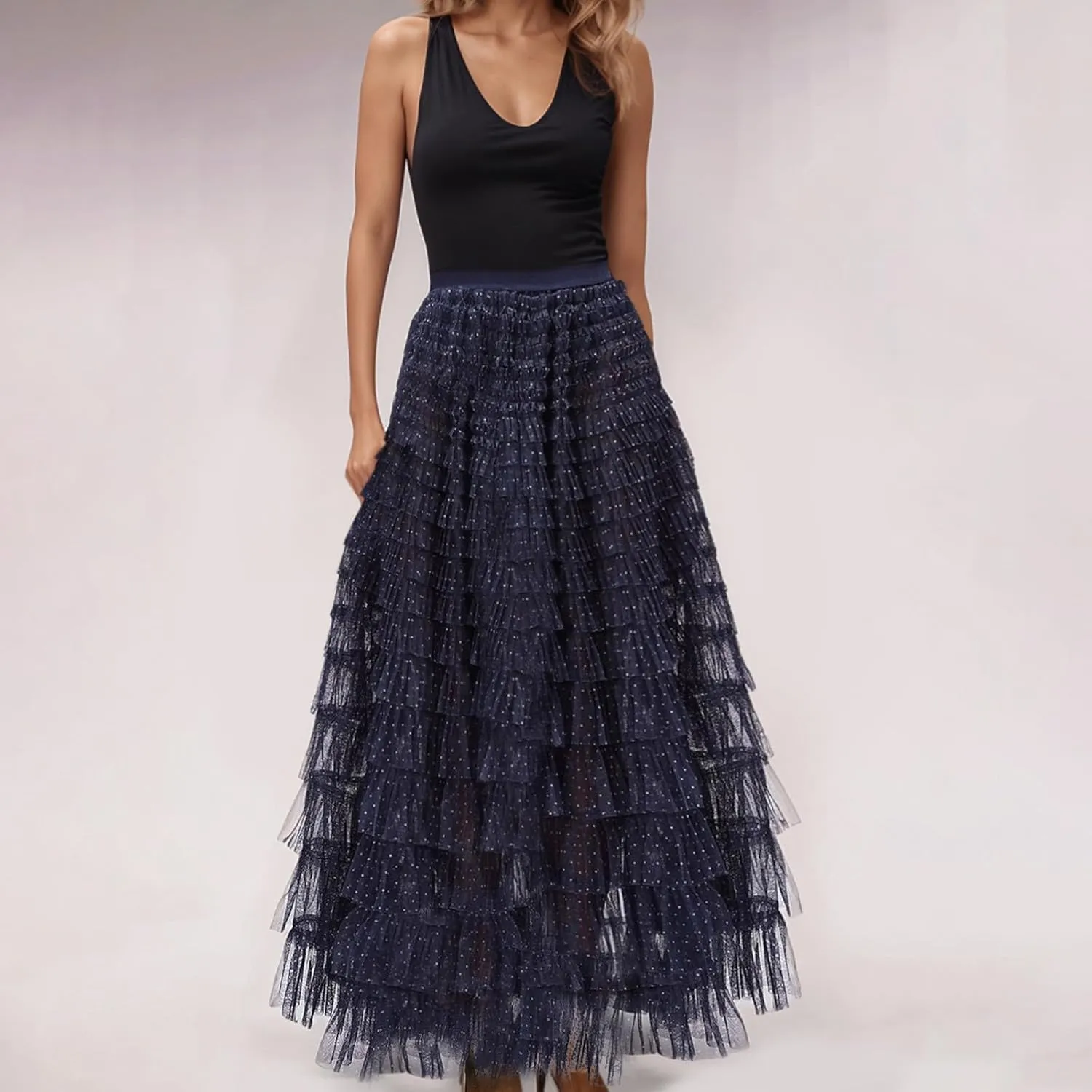 Women's Summer Boho Maxi Skirts Smocked High Wasited Flowy Dress Tiered Ruffle A Line Long Beach Long Skirt Summer