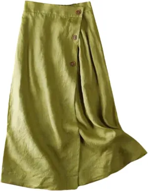 Women's Summer Cotton Linen Skirts Casual Medium Length Large Swing with Button Skirt