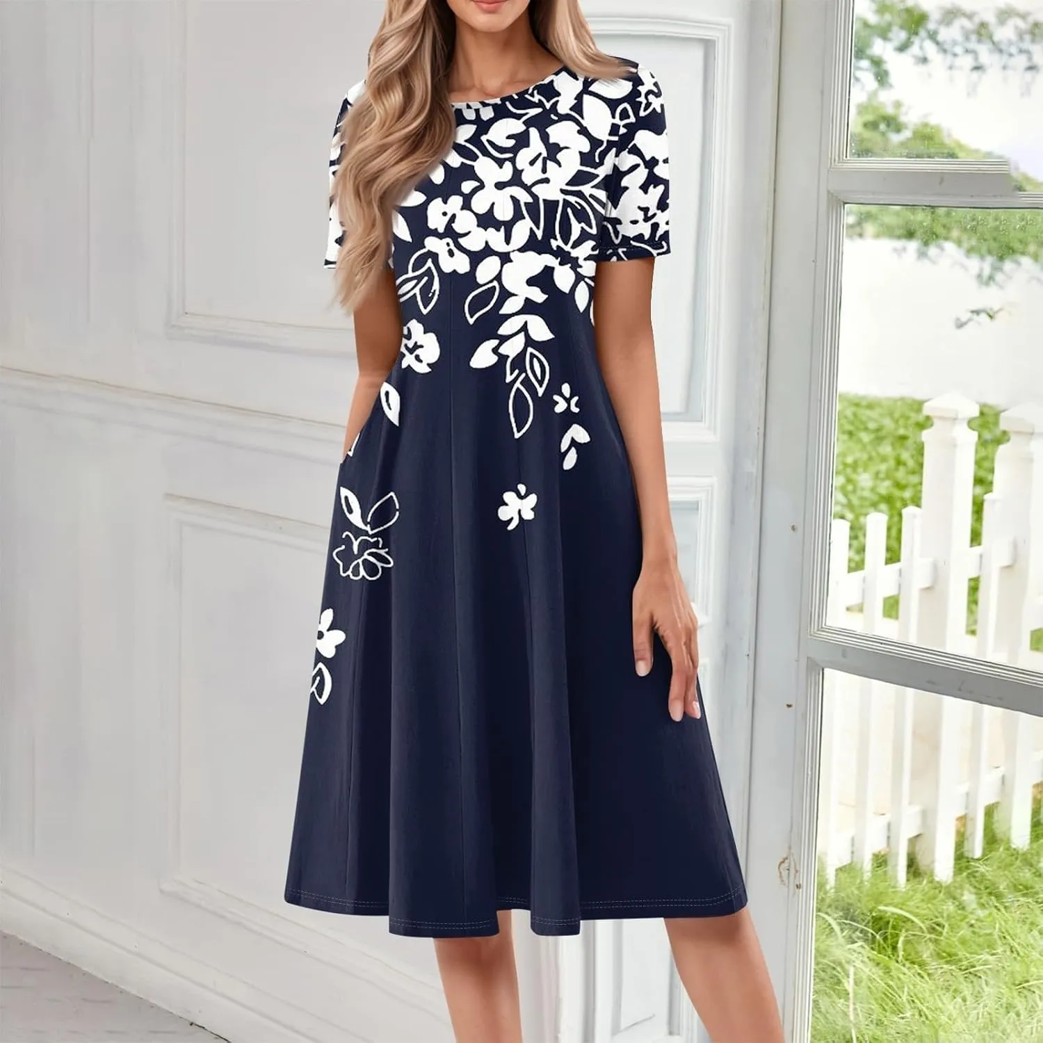 Womens Summer Dresses Short Sleeve Round Neck Midi Dress Elegant Simple Floral Tshirt Knee Length Dress