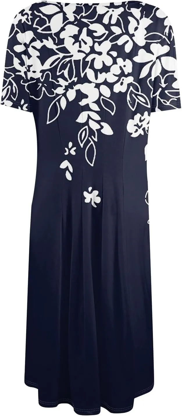 Womens Summer Dresses Short Sleeve Round Neck Midi Dress Elegant Simple Floral Tshirt Knee Length Dress