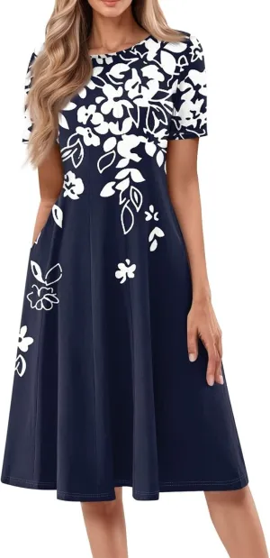 Womens Summer Dresses Short Sleeve Round Neck Midi Dress Elegant Simple Floral Tshirt Knee Length Dress