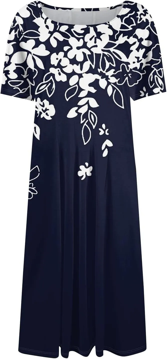 Womens Summer Dresses Short Sleeve Round Neck Midi Dress Elegant Simple Floral Tshirt Knee Length Dress
