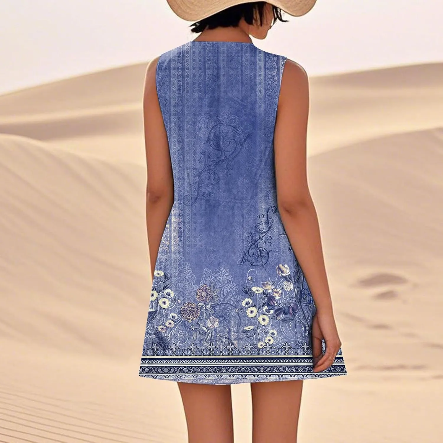 Women's Summer Dresses Sleeveless Round Neck Knee Length Dress Trendy Boho Floral Printed Beach Party Sundresses