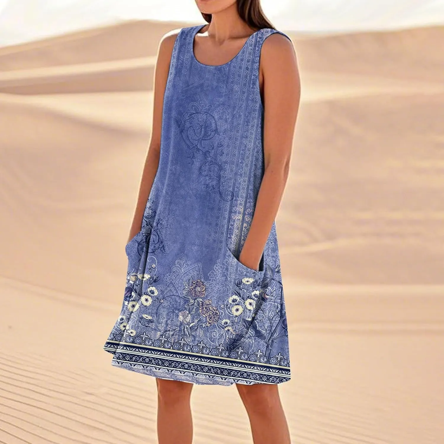 Women's Summer Dresses Sleeveless Round Neck Knee Length Dress Trendy Boho Floral Printed Beach Party Sundresses