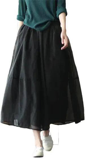 Women's Summer Elegant Solid Color Spliced Gauze Folds Skirts Loose Elastic High Waist Skirt