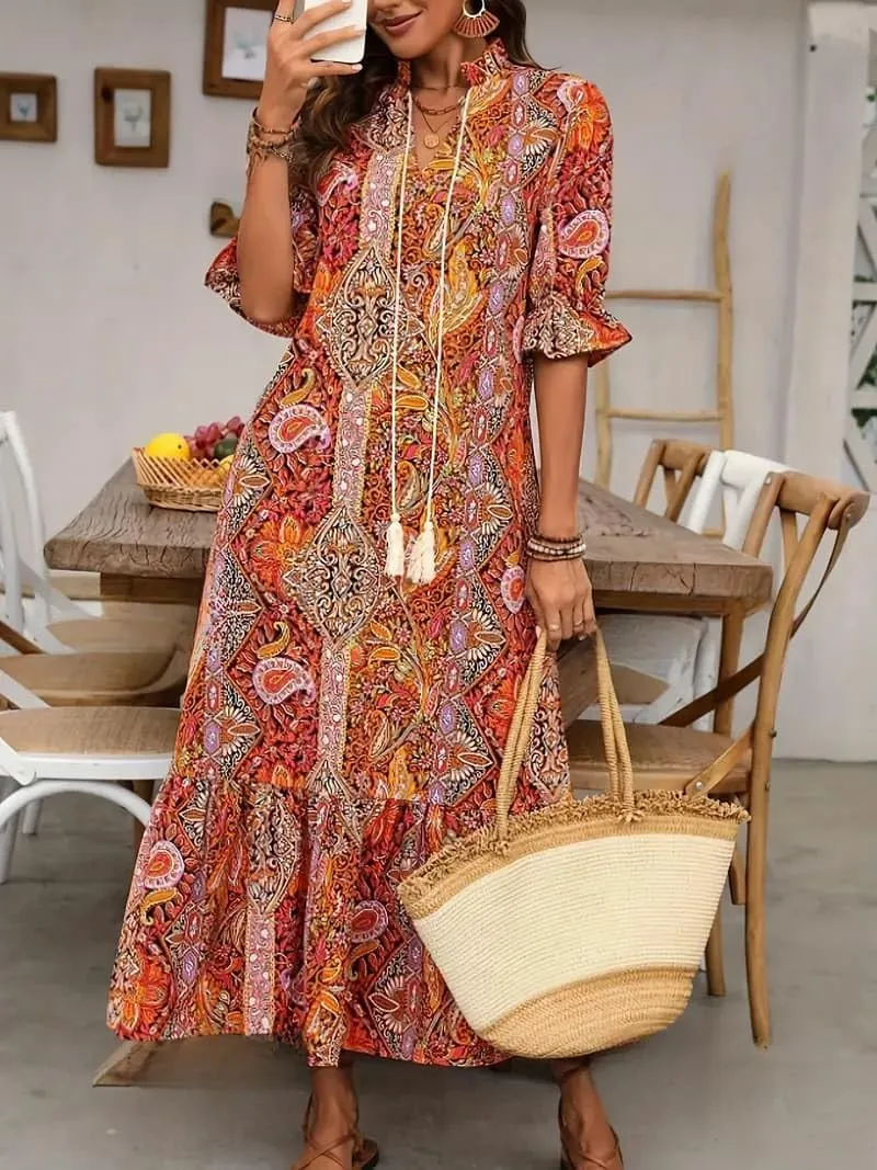 Women's Summer Maxi Dress Boho Loose Shift Tunic Smock Half Sleeve Floral Print Ruffle Beach Dresses Tassels