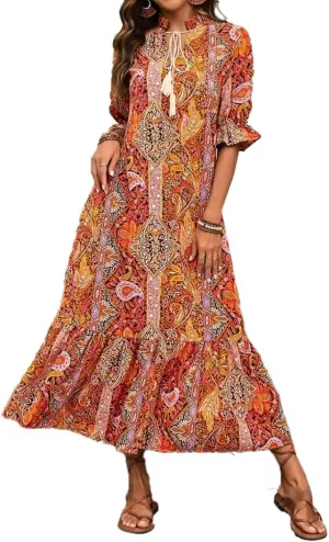 Women's Summer Maxi Dress Boho Loose Shift Tunic Smock Half Sleeve Floral Print Ruffle Beach Dresses Tassels