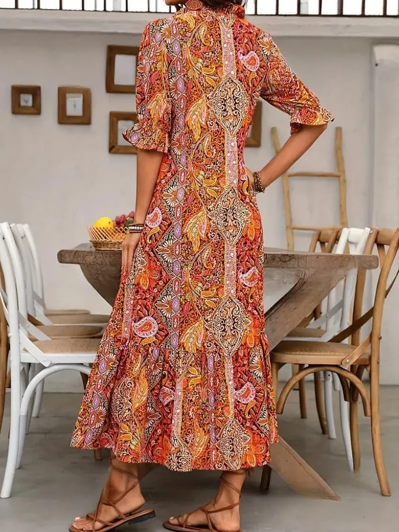 Women's Summer Maxi Dress Boho Loose Shift Tunic Smock Half Sleeve Floral Print Ruffle Beach Dresses Tassels