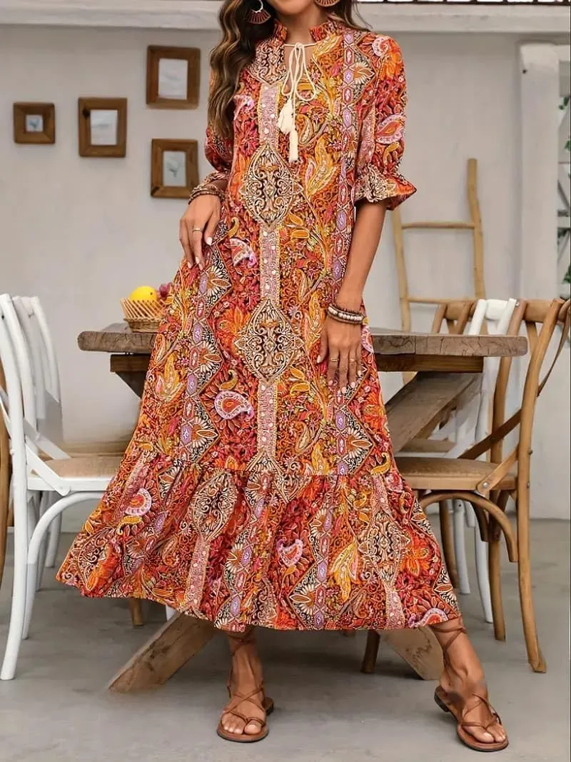 Women's Summer Maxi Dress Boho Loose Shift Tunic Smock Half Sleeve Floral Print Ruffle Beach Dresses Tassels
