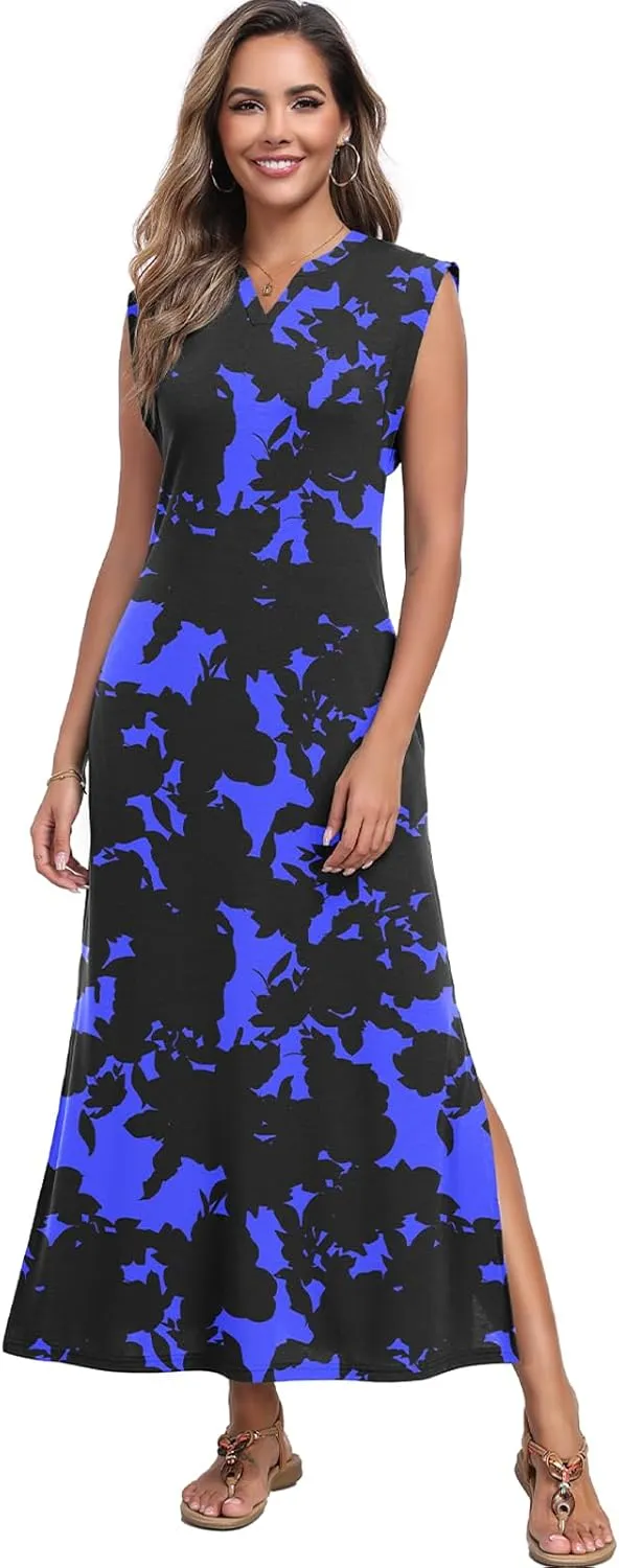 Women's Summer Slit Maxi Dress Casual V Neck Loose Long Dresses with Pockets(XS-3XL)