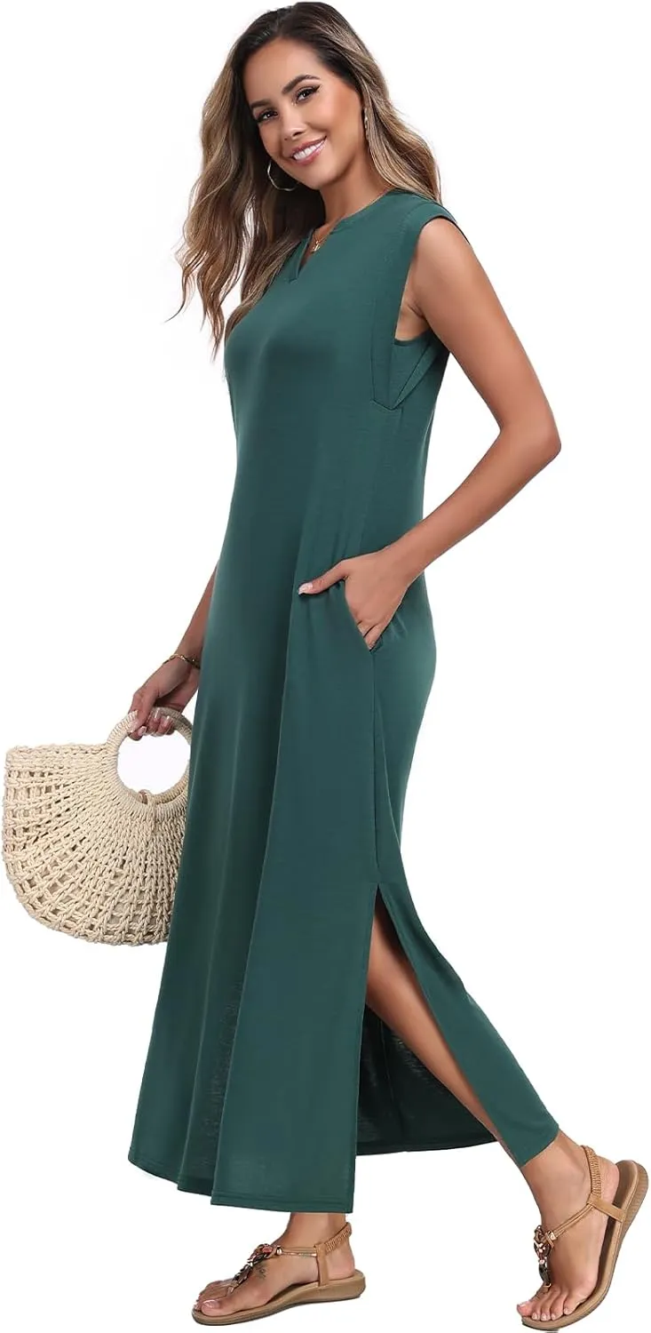 Women's Summer Slit Maxi Dress Casual V Neck Loose Long Dresses with Pockets(XS-3XL)