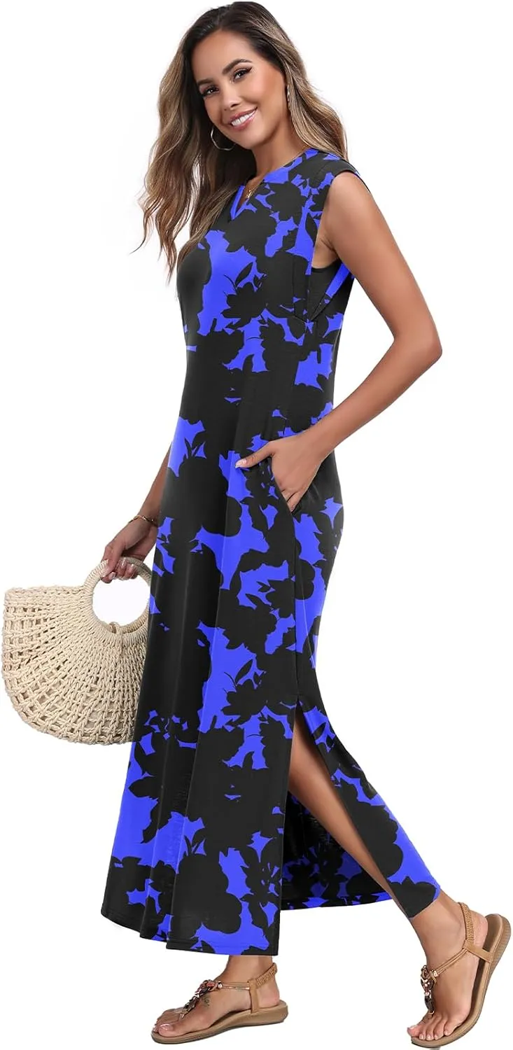 Women's Summer Slit Maxi Dress Casual V Neck Loose Long Dresses with Pockets(XS-3XL)