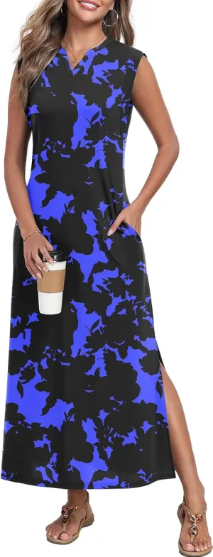 Women's Summer Slit Maxi Dress Casual V Neck Loose Long Dresses with Pockets(XS-3XL)