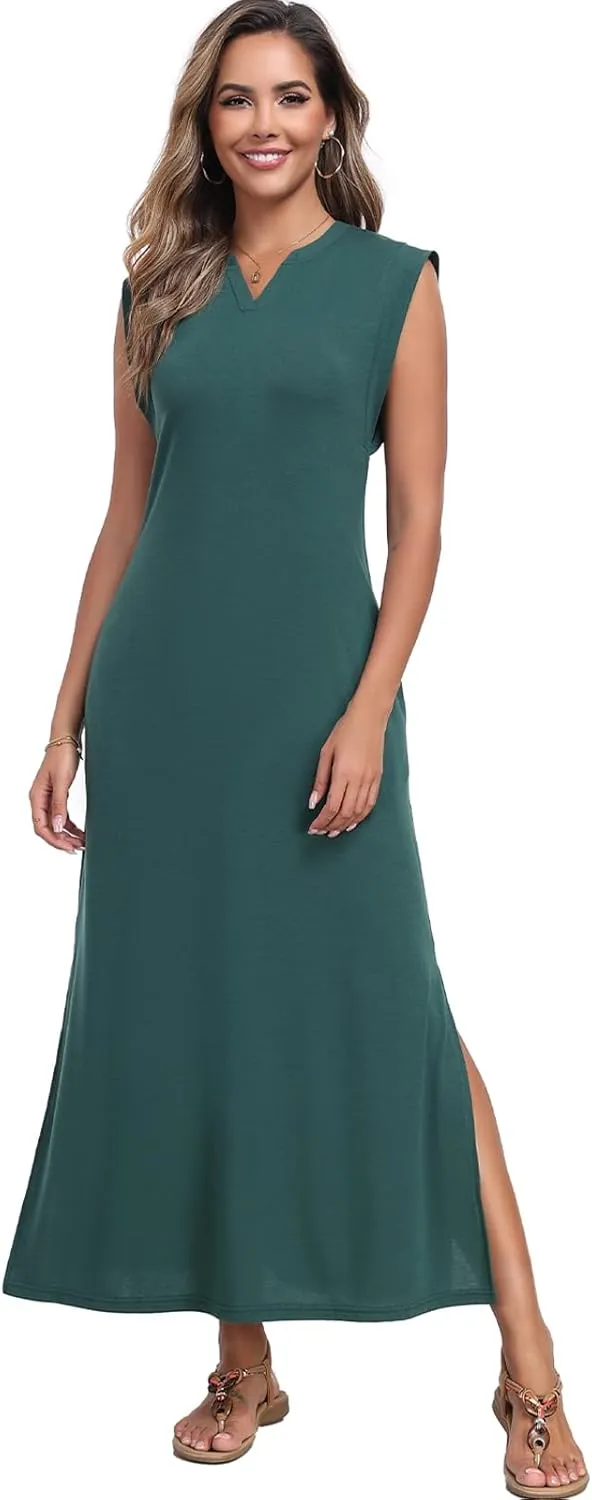 Women's Summer Slit Maxi Dress Casual V Neck Loose Long Dresses with Pockets(XS-3XL)