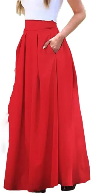 Women's Summer Solid Pleated Skirt Large Swing High Waist Floor Length Length Half with Pocket Skirts
