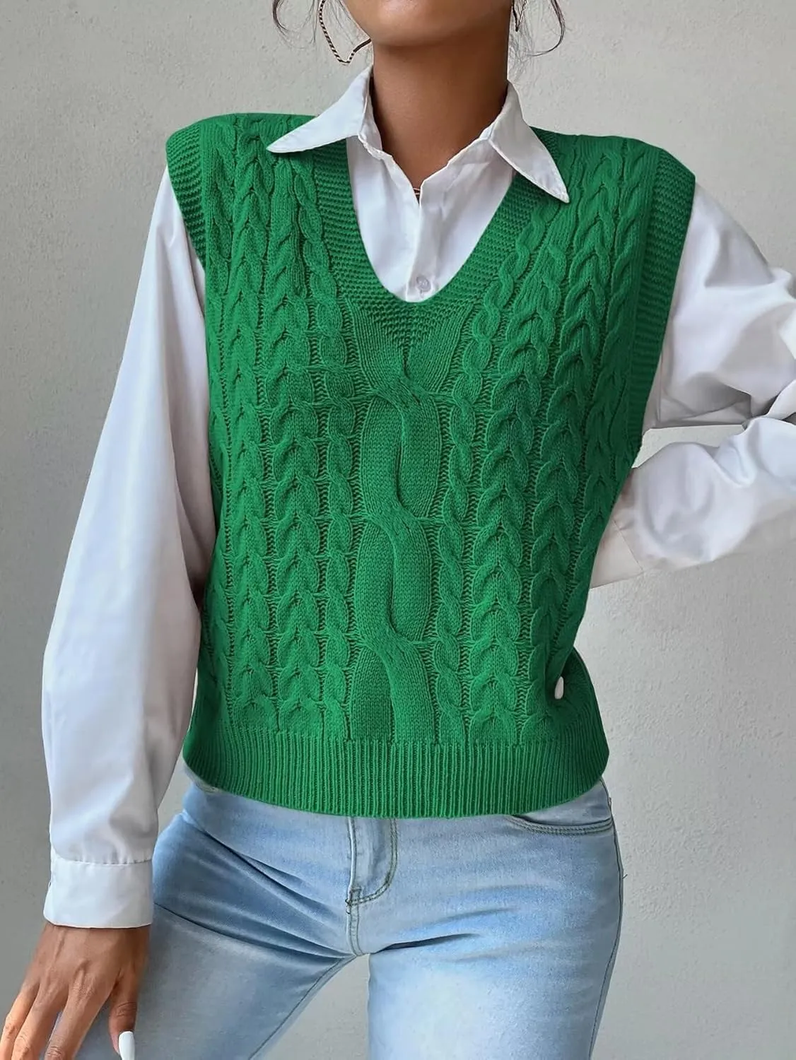 Womens Sweater Vest Cable Knit Casual V Neck Ribbed Preppy Pullover Tops Sleeveless